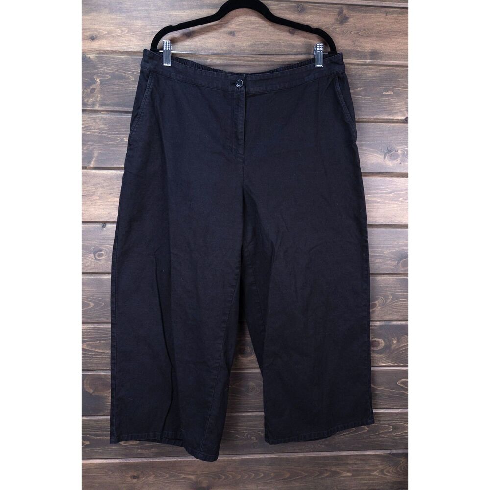 Eileen Fisher Black Wide Leg Cropped Pants Organic Cotton Hemp Stretch Size XL